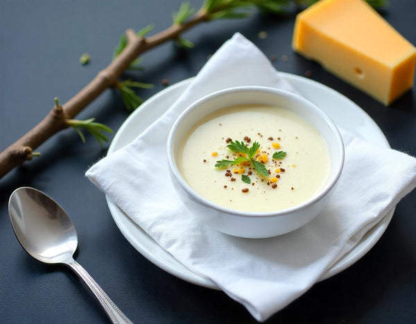 Weiße Schale mit heller cremiger Suppe auf einer Leinenserviette, garniert mit Kräutern und grobem Pfeffer, daneben ein Löffel und ein Stück Käse
