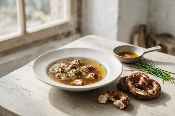 Brezensuppe in einem tiefen weißen Teller: klare Rindsuppe mit eingeweichten Brezenstücken, Schnittlauch und braunen Butterflocken, daneben zwei Brezen mit grobem Salz und ein Pfännchen braune Butter