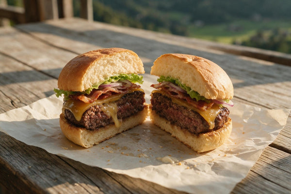 Halbierter Burger im Anschnitt auf Packpapier: Patty mit geschmolzenem Käse, knusprigem Speck, Zwiebelringen und Salat, dahinter ein Bergtal