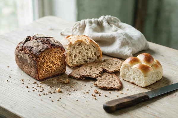 Vier Brotsorten auf einem Holzbrett: angeschnittener dunkler Roggenlaib, heller Weizenlaib, flache Knäckebrot-Stücke mit Kümmel und ein helles Weckerl, dahinter ein Leinenbeutel