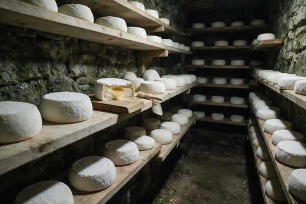 Angeschnittener Camembert mit weißer Edelschimmelrinde, der Teig am Rand cremig und in der Mitte noch fester