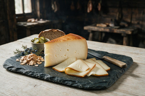 Geräucherter Schnittkäse mit goldbraun geräucherter Oberfläche auf einer Schieferplatte, davor aufgefächerte Scheiben, daneben Buchenspäne, Wacholderzweige, Roggenbrot und eingelegte Gurken