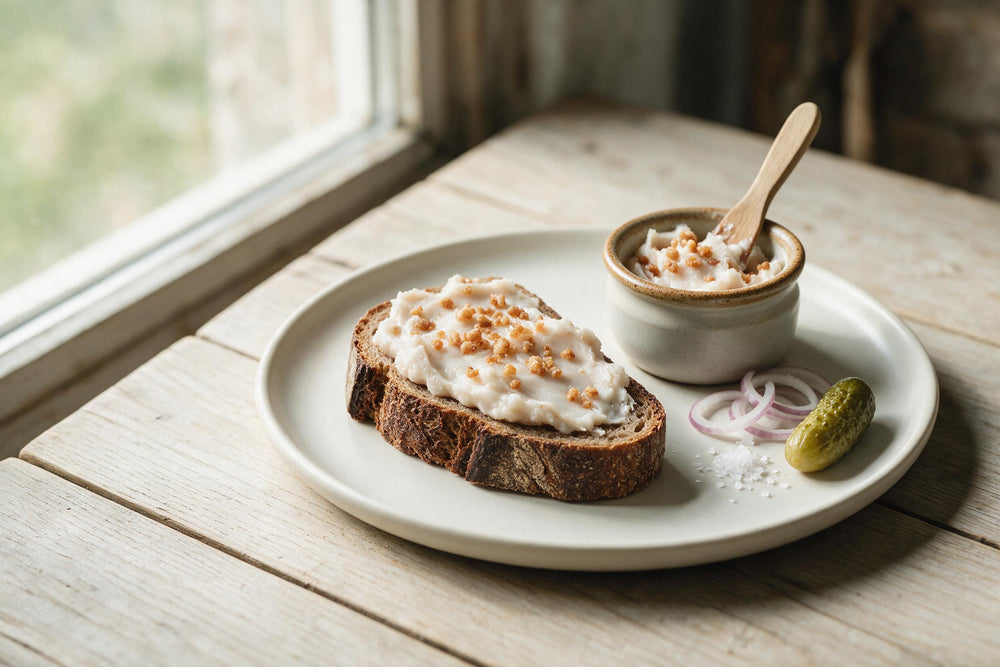 Dick bestrichenes Grammelschmalz auf dunklem Schwarzbrot mit knusprigen Grammeln, daneben ein Steingutgefäß mit Schmalz, rote Zwiebelringe, grobes Salz und ein Essiggurkerl
