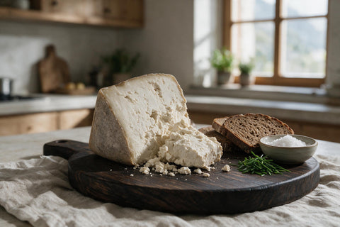Keil Graukäse aus dem Zillertal auf einem dunklen Holzbrett, aufgebrochen mit krümeligem Kern, daneben Schwarzbrot, grobes Salz und Schnittlauch