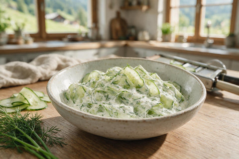 Gurkensalat mit Sauerrahm in einer Keramikschüssel: hauchdünn gehobelte Gurkenscheiben in cremigem Dressing mit Dill, daneben frischer Dill und ein Gurkenhobel