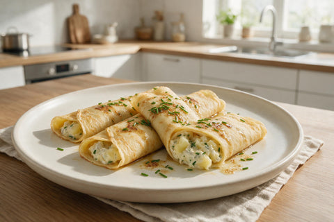 Holzknechtkrapfen: gefüllte Palatschinken-Rollen mit Erdäpfel-Graukäse-Füllung, mit brauner Butter und Schnittlauch
