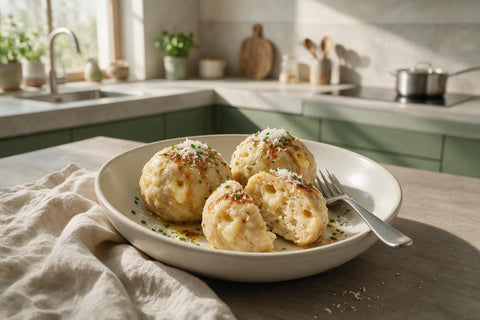 Käseknödel mit brauner Butter, gehobeltem Bergkäse und Schnittlauch, ein Knödel aufgeschnitten