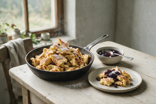 Kaiserschmarrn in Stücke gerissen in einer Eisenpfanne, mit Staubzucker bestäubt und mit Rosinen, daneben ein Schälchen Zwetschkenröster und ein Teller mit einer Portion