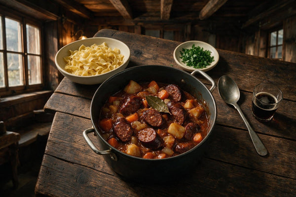 Ragout aus angebratenen Kaminwurzen-Scheiben in dunkler Tomatensauce in einer Pfanne, mit Thymian bestreut