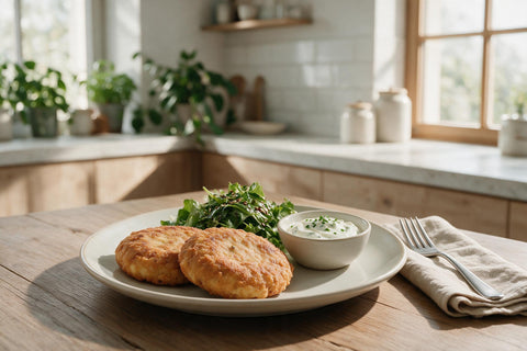 Zwei Kaspressknödel auf einem Teller, daneben grüner Blattsalat mit Kernöl-Marinade und ein Schälchen Sauerrahm-Dip mit Schnittlauch