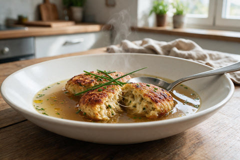 Kaspressknödelsuppe in einem tiefen Teller: zwei gebratene Knödel in klarer Rindsuppe, einer aufgebrochen mit ziehenden Käsefäden, darüber Schnittlauch