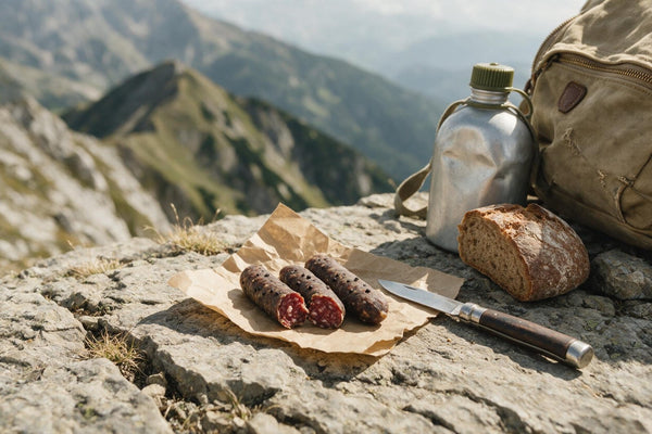 Drei Pfefferbeißer mit sichtbaren Pfefferkörnern auf Packpapier, einer angeschnitten mit grob marmoriertem Anschnitt, daneben Taschenmesser, Brot, Feldflasche und Rucksack auf einem Felsen