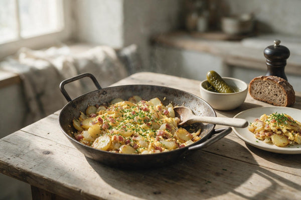 Bauernfrühstück in der Pfanne: goldbraune Kartoffelscheiben mit Speckwürfeln, gestocktem Ei und Schnittlauch