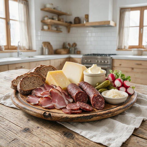 Reich belegtes Jausenbrettl auf Eichenholz mit Roggenbrot, aufgefächertem Speck, zwei Käsesorten, Kaminwurzen, Butter, Essiggurkerl, Radieschen und Kren