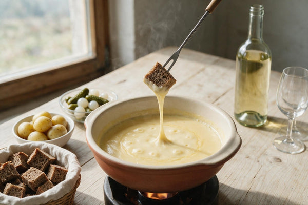 Fonduetopf mit geschmolzenem Bergkäse auf dem Rechaud, daneben Brotwürfel auf einem Brett und Fonduegabeln