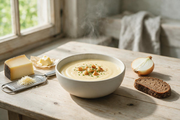 Cremige Käsesuppe mit Bergkäse in einer weißen Schale, bestreut mit Croûtons und Schnittlauch, daneben ein Stück Bergkäse mit Reibe, Butter, Zwiebel und dunkles Roggenbrot