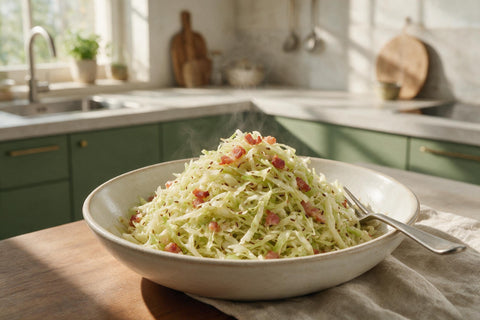 Warmer Krautsalat mit knusprigen Speckwürfeln und Kümmel in einer Keramikschüssel